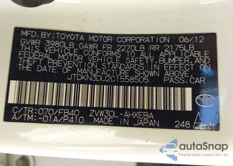 2012 Toyota Prius Two z USA, uszkodzony, nr VIN JTDKN3DU2C1558505